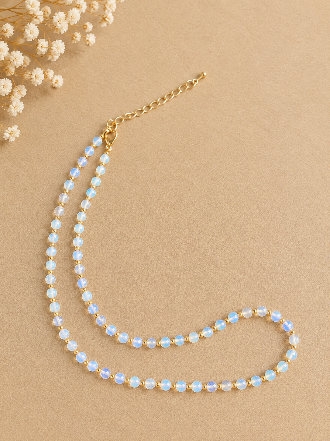 Dainty Faceted Opalite Necklace - 4mm Natural Gemstones & 18K Gold Plated Chain Anti-Tarnish | Shiny Gold beads