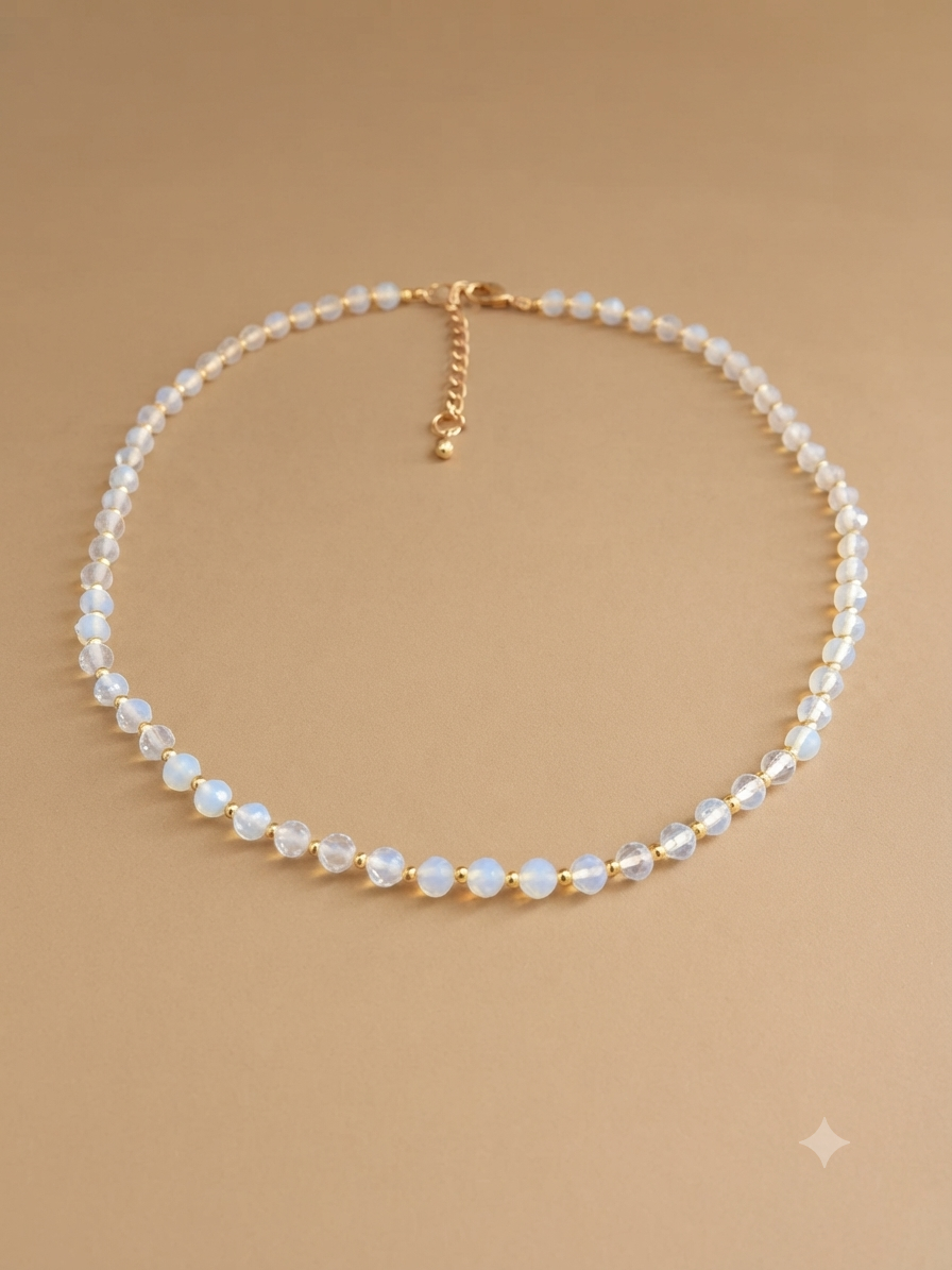 Dainty Faceted Opalite Necklace - 4mm Natural Gemstones & 18K Gold Plated Chain Anti-Tarnish | Shiny Gold beads