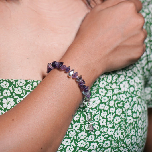 Fluroite Chip Bracelet - adjustable with Stainless steel lobster clasp and chain