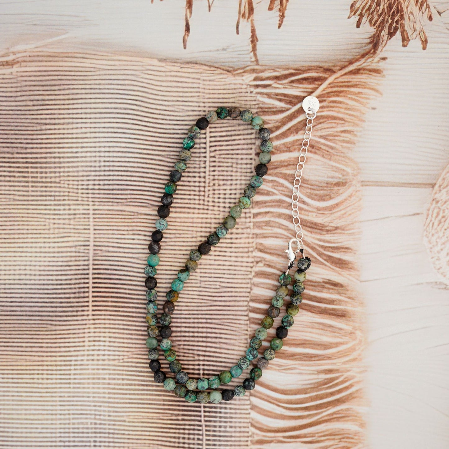 African Turquoise Beaded Necklace with Sterling Silver | Dainty Minimal Crystal Necklace