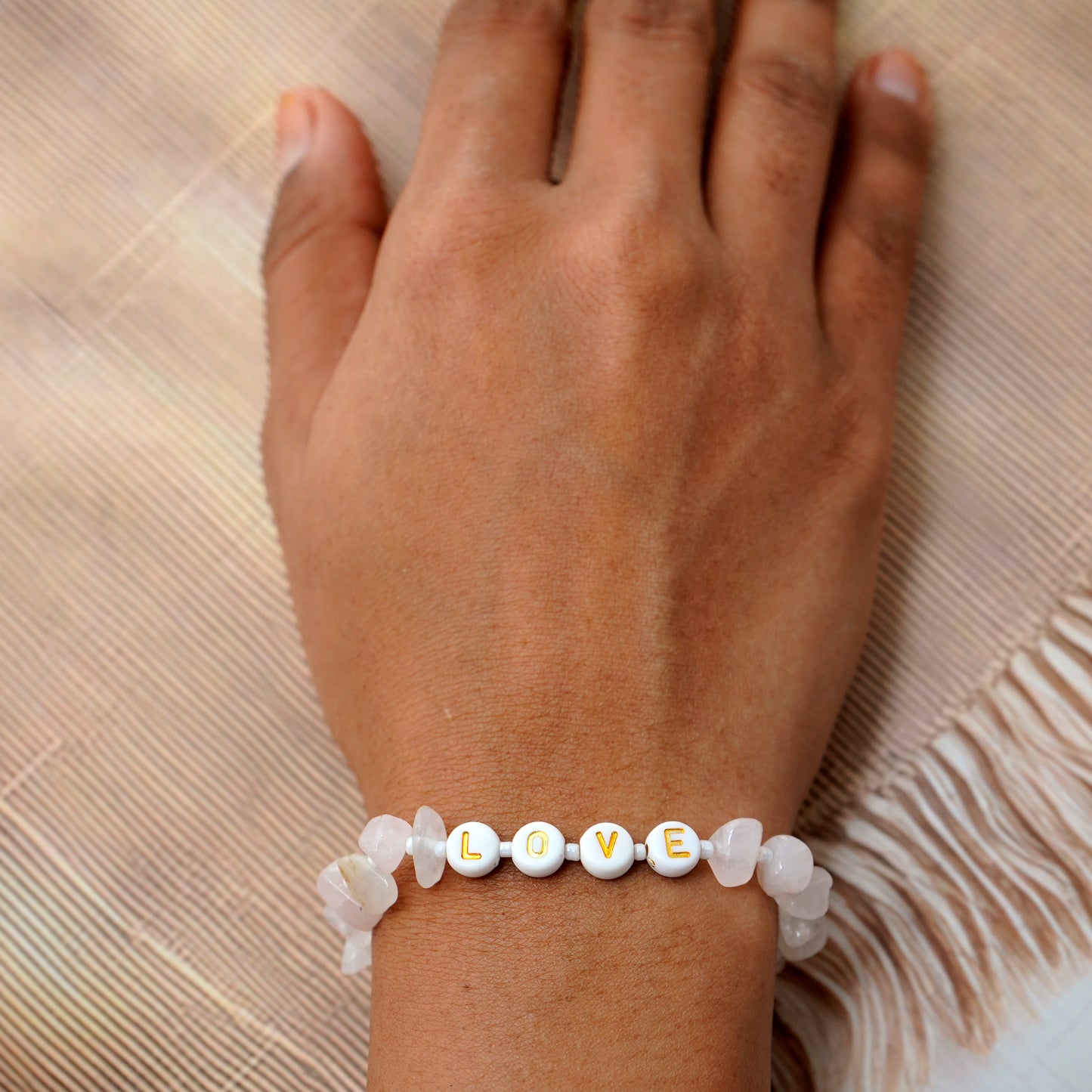 LOVE - Rose Quartz Chip stretch Bracelet for Kids ages 6 to 12