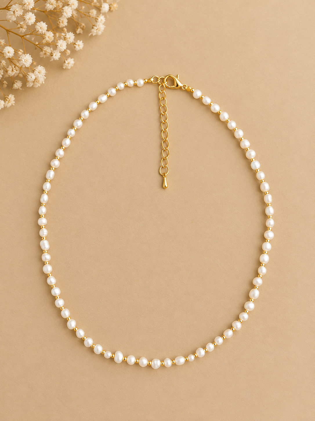 Dainty Faceted Pearl Necklace - 4mm Natural Gemstones & 18K Gold Plated Chain Anti-Tarnish | Shiny Gold beads