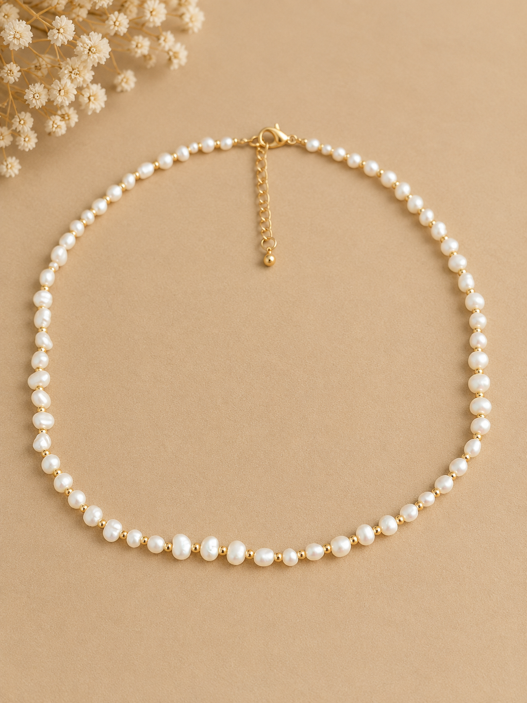 Dainty Faceted Pearl Necklace - 4mm Natural Gemstones & 18K Gold Plated Chain Anti-Tarnish | Shiny Gold beads