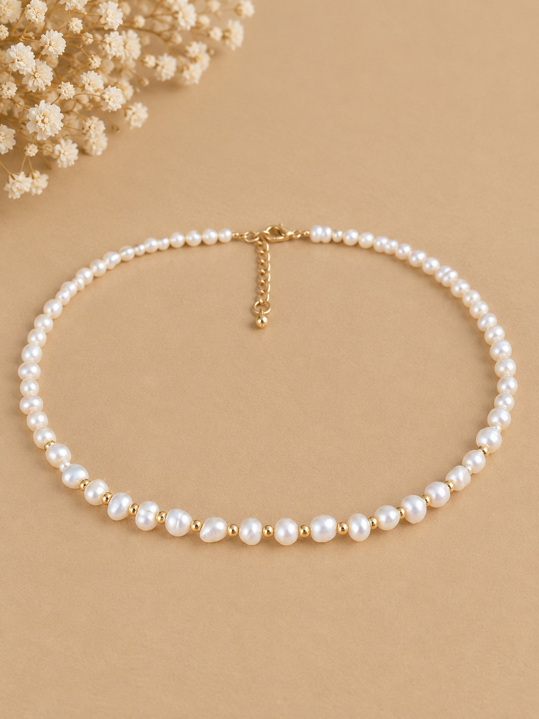 Dainty Faceted Pearl Necklace - 4mm Natural Gemstones & 18K Gold Plated Chain Anti-Tarnish | Shiny Gold beads