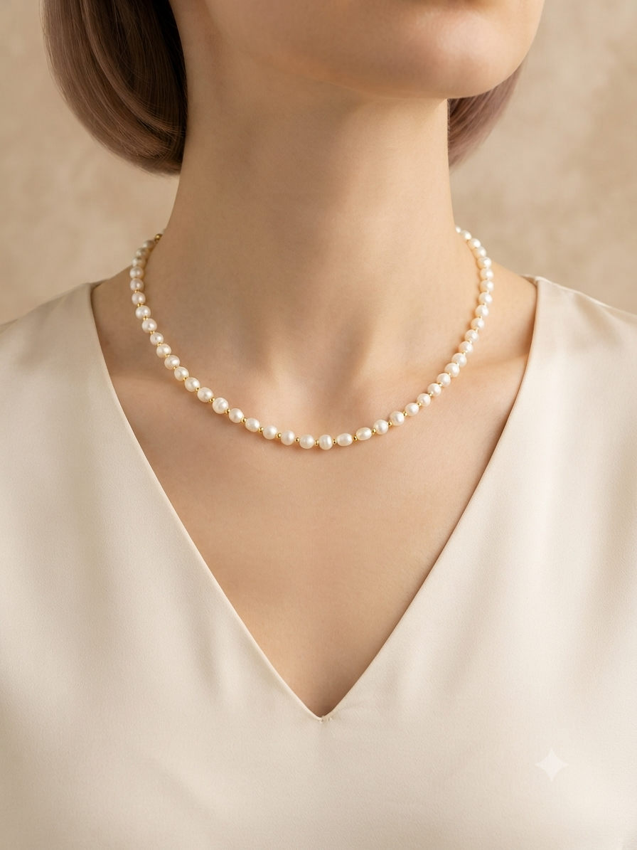 Dainty Faceted Pearl Necklace - 4mm Natural Gemstones & 18K Gold Plated Chain Anti-Tarnish | Shiny Gold beads