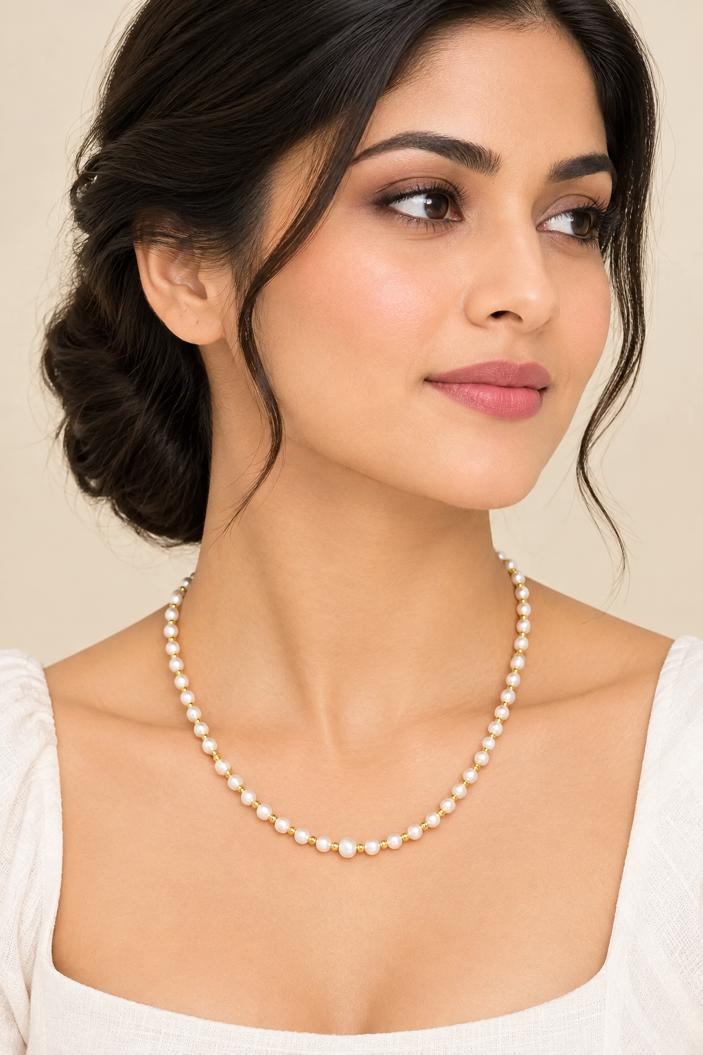 Dainty Faceted Pearl Necklace - 4mm Natural Gemstones & 18K Gold Plated Chain Anti-Tarnish | Shiny Gold beads