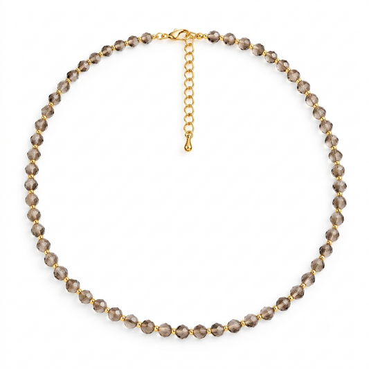Dainty Faceted Smoky Quartz Necklace - 4mm Natural Gemstones & 18K Gold Plated Chain Anti-Tarnish | Shiny Gold beads