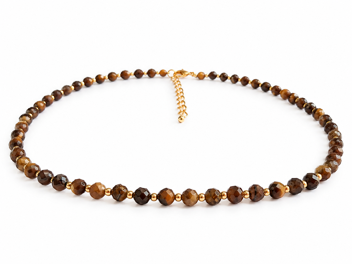 Dainty Faceted Tiger's Eye Necklace - 4mm Natural Gemstones & 18K Gold Plated Chain Anti-Tarnish | Shiny Gold beads