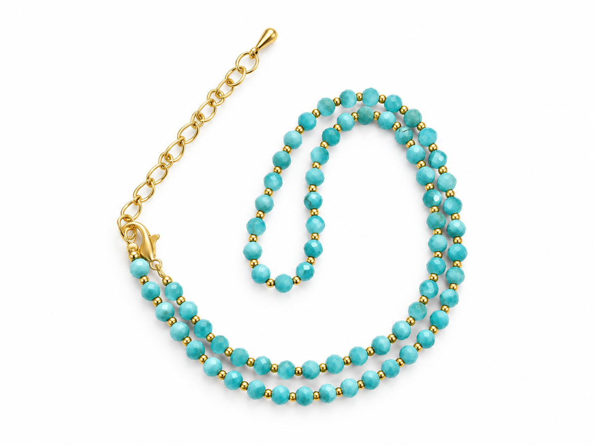 Dainty Faceted Turquoise Necklace - 4mm Natural Gemstones & 18K Gold Plated Chain Anti-Tarnish | Shiny Gold beads