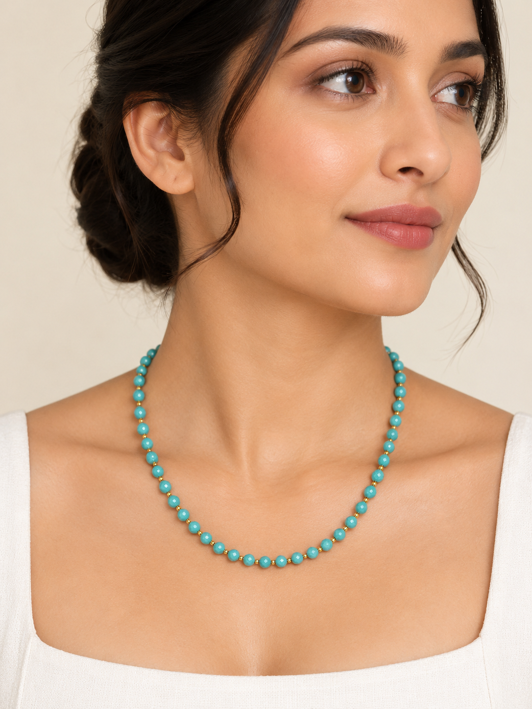 Dainty Faceted Turquoise Necklace - 4mm Natural Gemstones & 18K Gold Plated Chain Anti-Tarnish | Shiny Gold beads