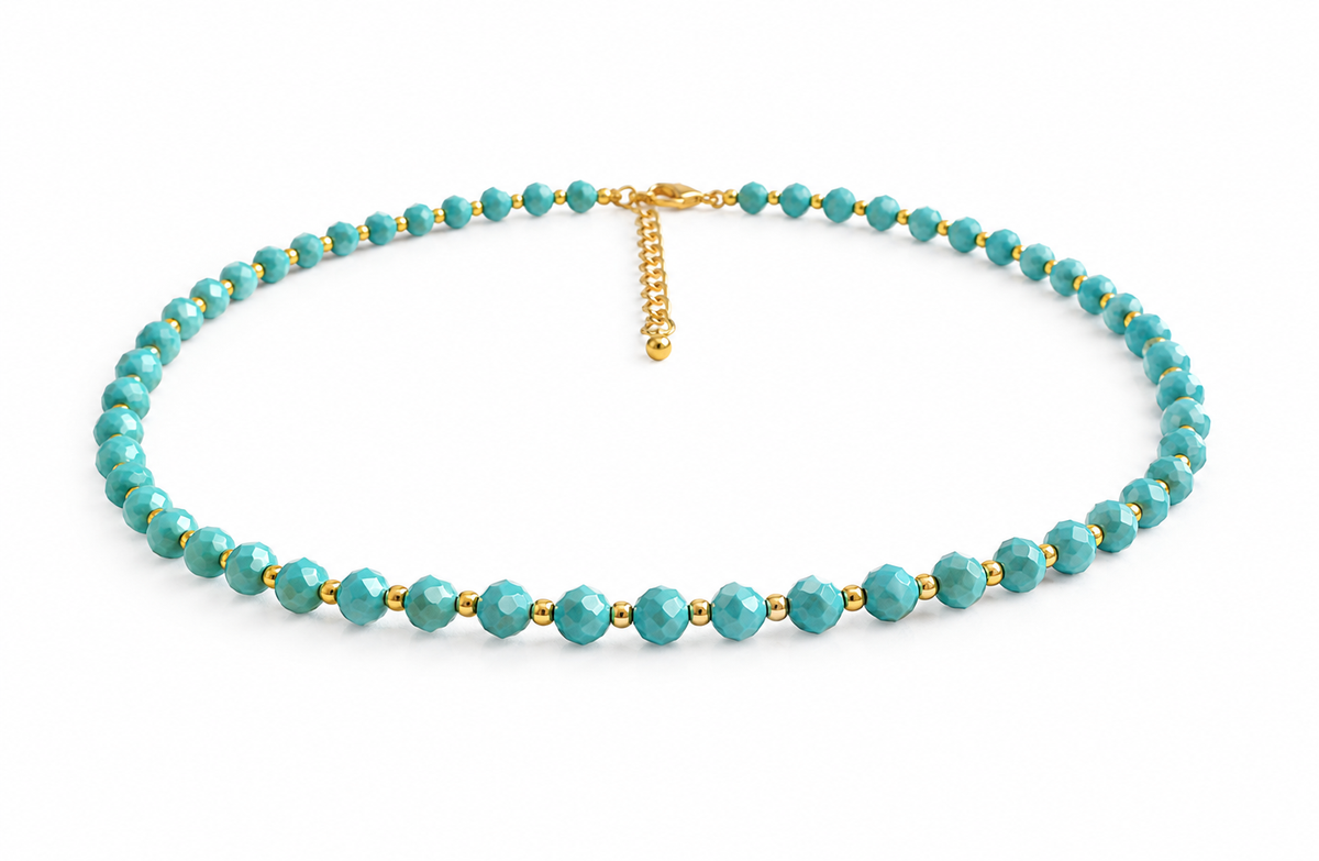 Dainty Faceted Turquoise Necklace - 4mm Natural Gemstones & 18K Gold Plated Chain Anti-Tarnish | Shiny Gold beads