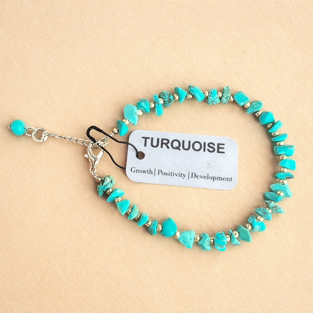 bracelet with chip beads, tag on a beige background