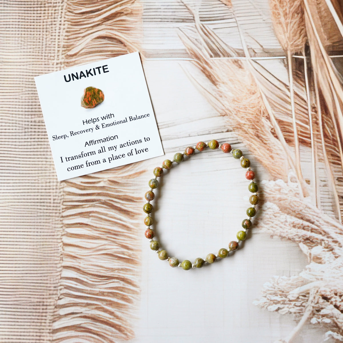 Natural Unakite Stretch Bracelet -Tarnish Free and Waterproof