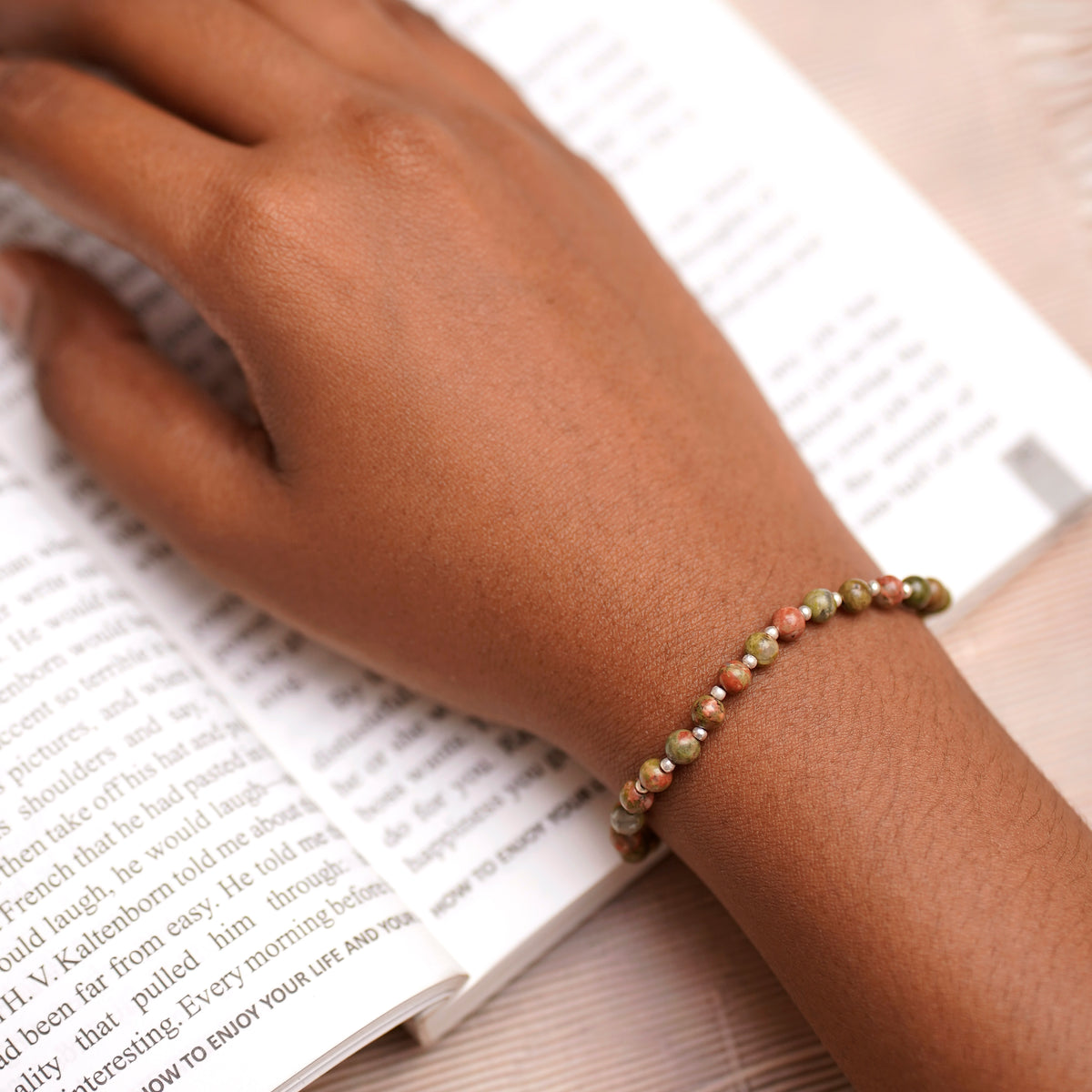 Natural Unakite Stretch Bracelet -Tarnish Free and Waterproof