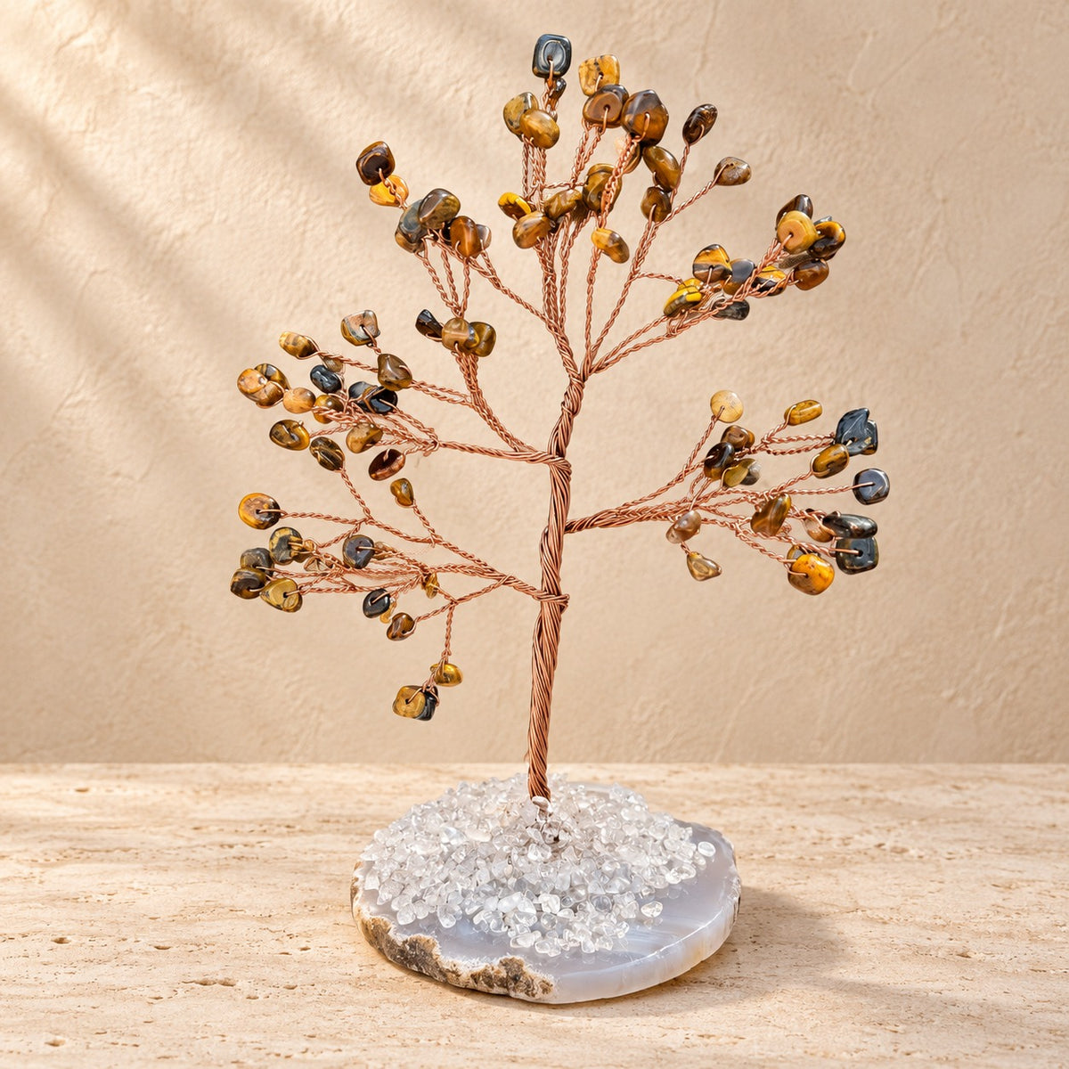 Tiger's Eye & Agate Copper Crystal Tree – 100 Beads | Handmade Home and Desktop Decor