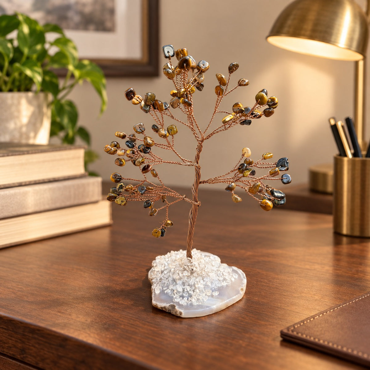 Tiger's Eye & Agate Copper Crystal Tree – 100 Beads | Handmade Home and Desktop Decor