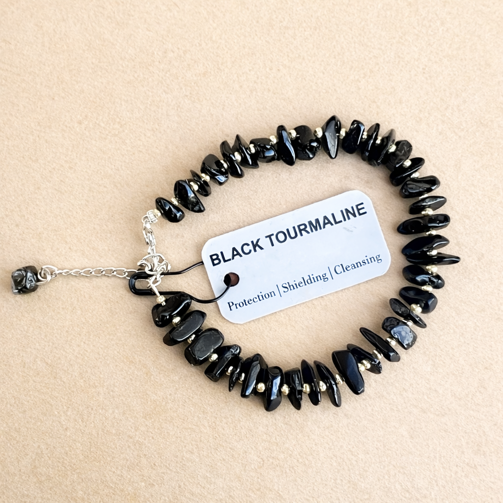bracelet with chip beads, tag on a beige background