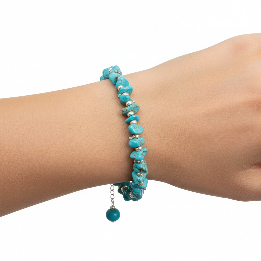 Turquoise chips bracelet on a hand model with a white background
