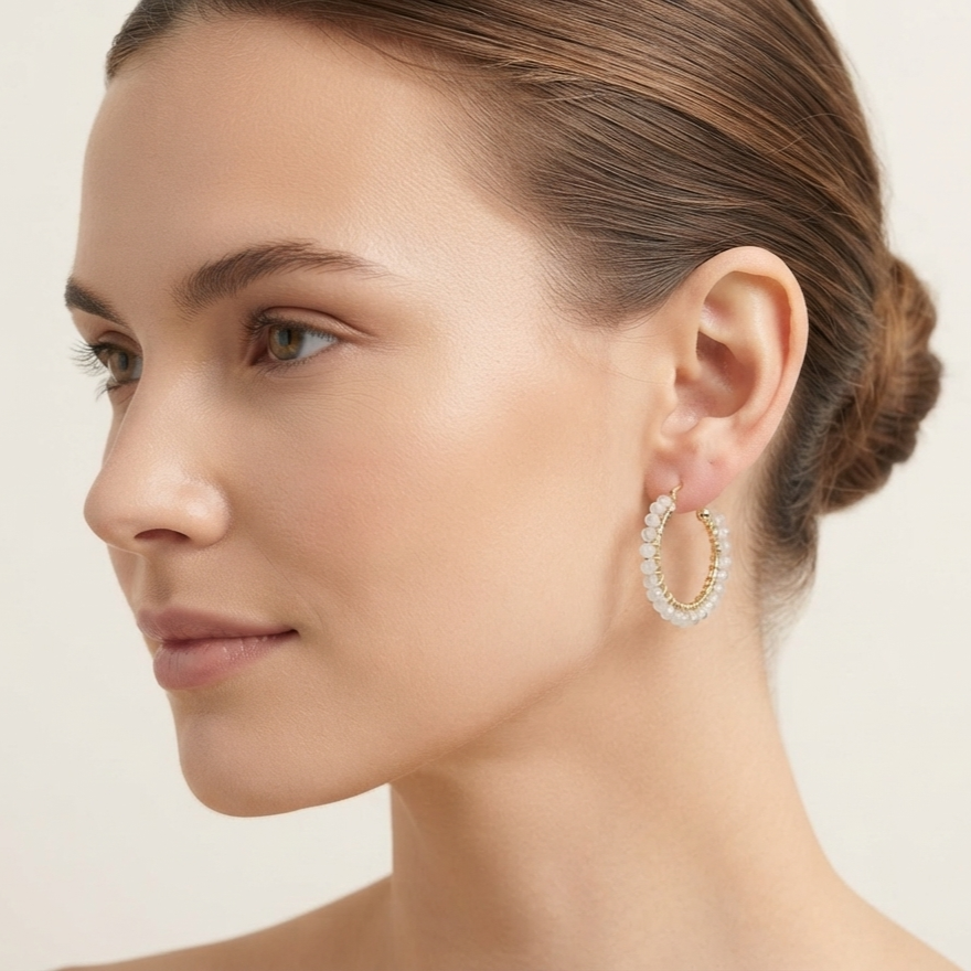 model wearing Natural Moonstone hoop