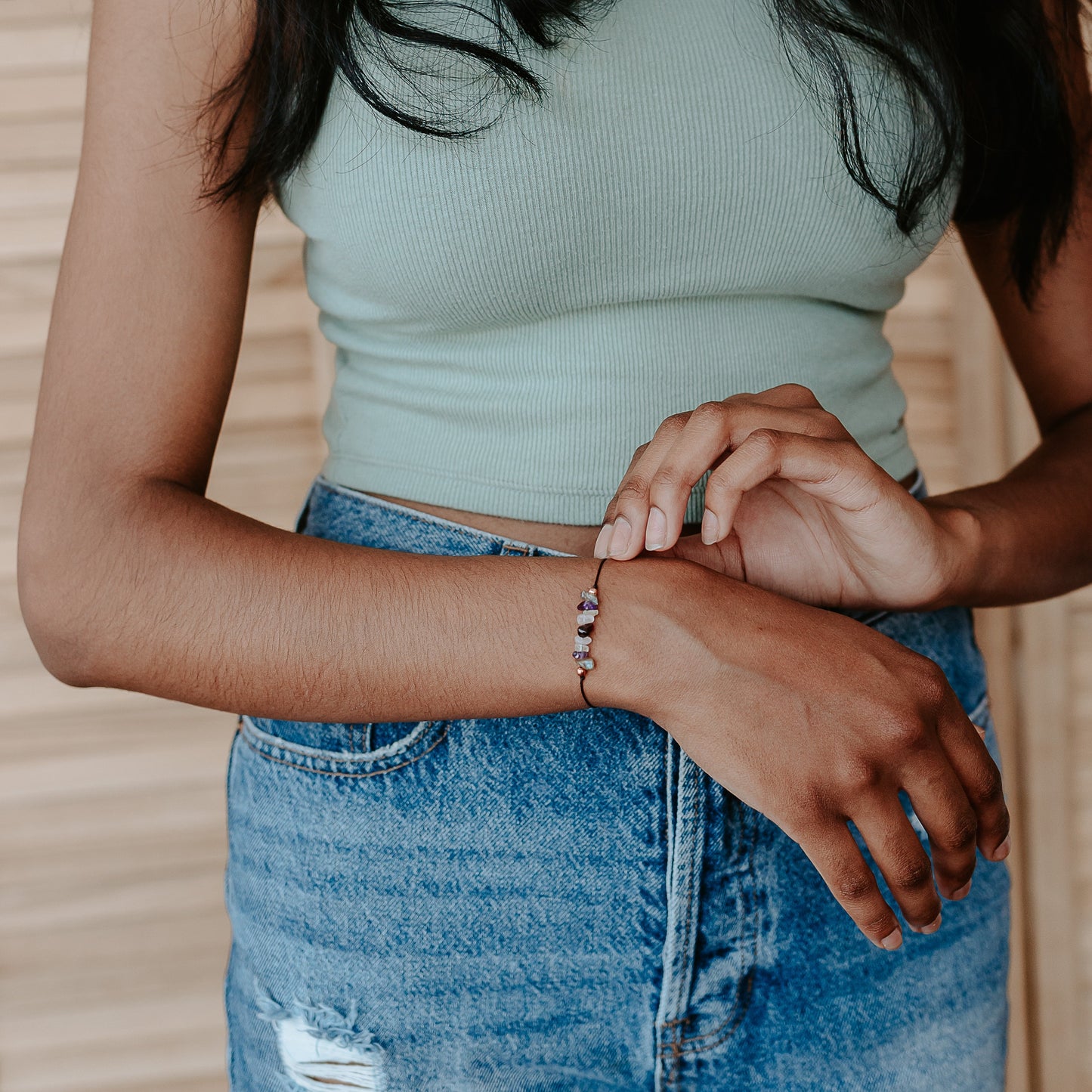 Dainty Anxiety crystal bracelet with an Affirmation - Stackable, casual & minimal - Tie closure - Theblueyogi