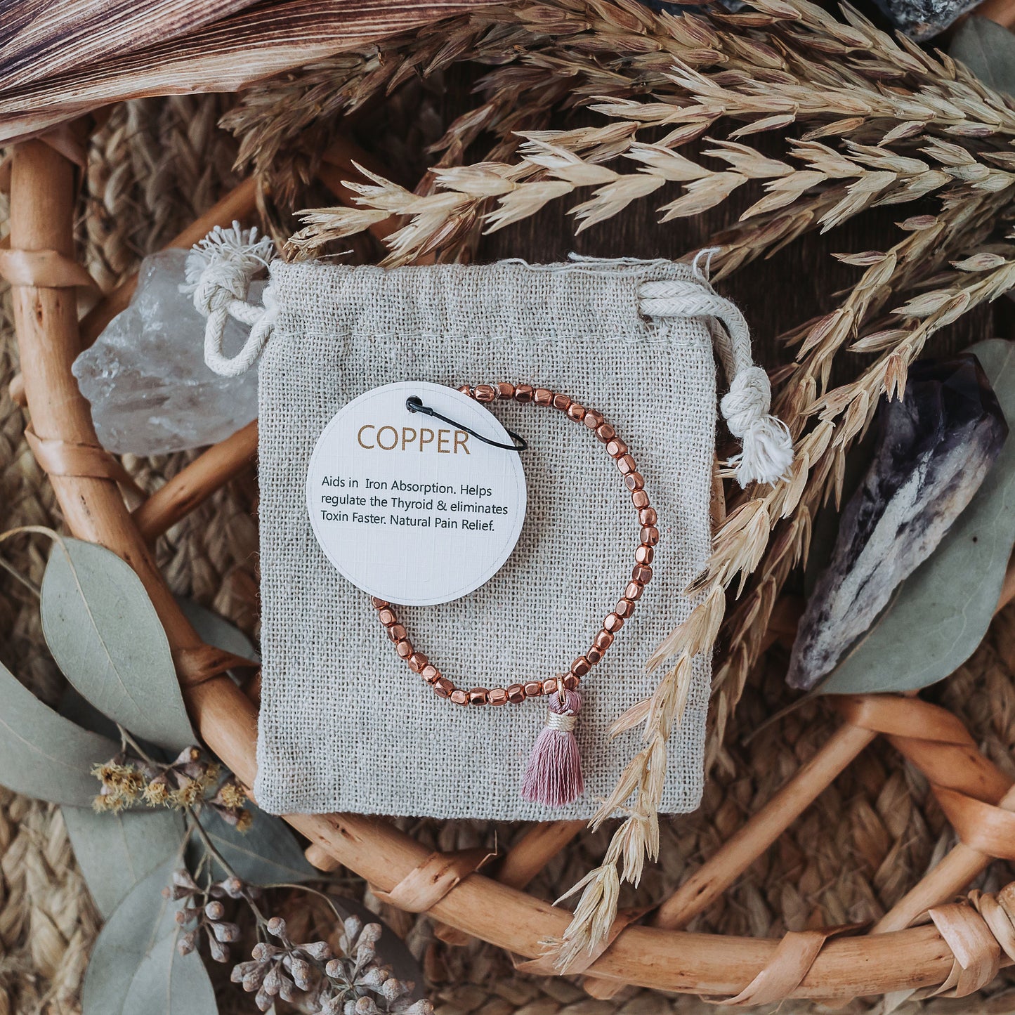 Genuine and solid 3mm Copper Bead Bracelet with Silk Tassel - Stretchy and Stackable - Theblueyogi