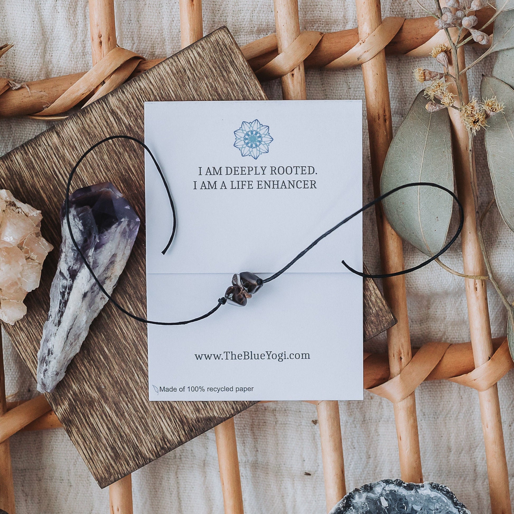 Raw Smoky Quartz Gemstone Healing Band with an Affirmation - Minimal & Stackable Bracelet or Anklet- Tie closure - Theblueyogi