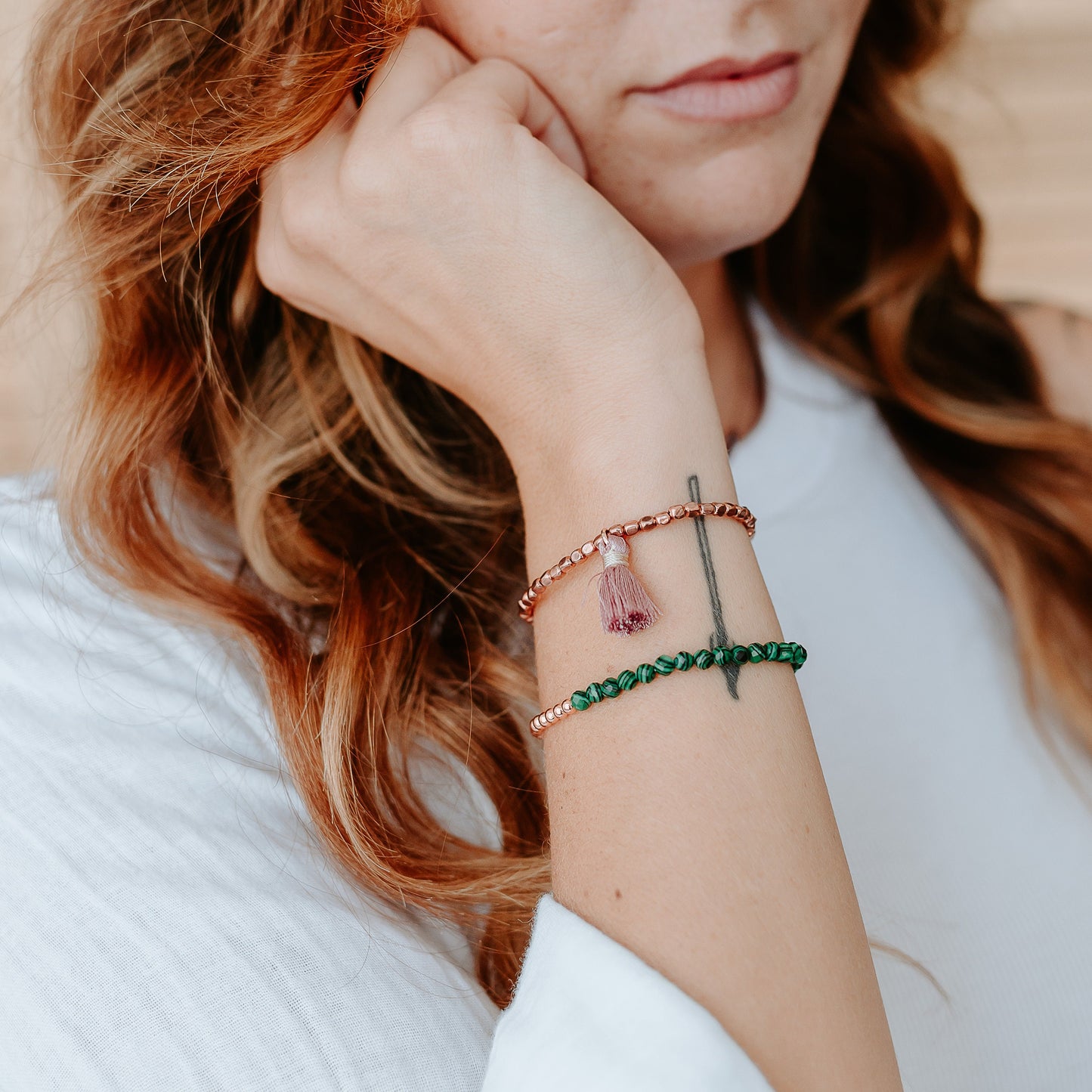 Dainty and Elegant Multi-Faceted Malachite beads + Genuine and solid 3mm Copper Bead Bracelet - Stretchy and Stackable - Theblueyogi