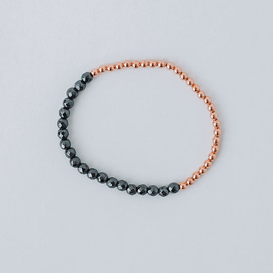 Dainty and Elegant Multi-Faceted Hematite beads + Genuine and solid 3mm Copper Bead Bracelet - Stretchy and Stackable - Theblueyogi