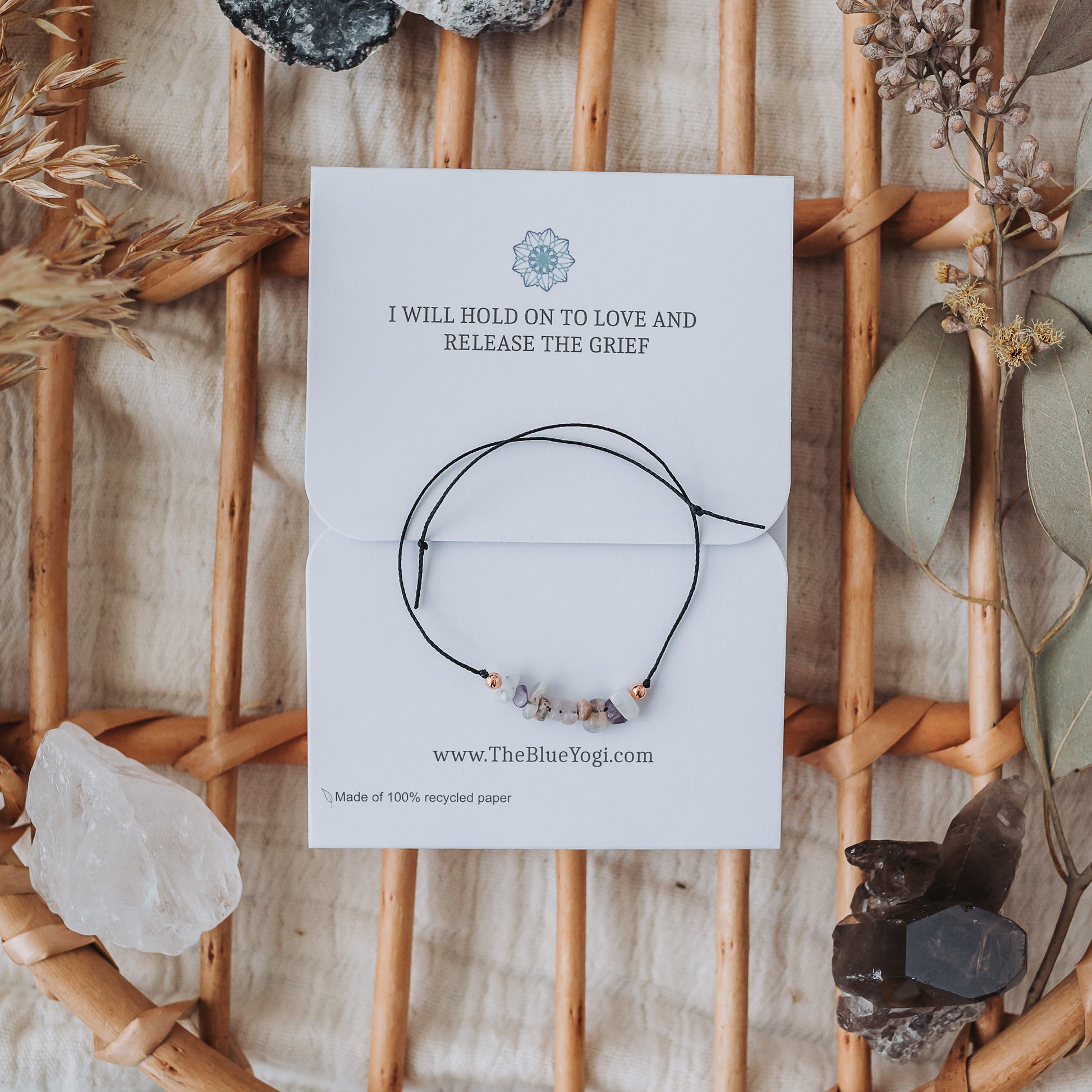 Grief crystal bracelet with an affirmation - casual & minimal Tie closure - Theblueyogi